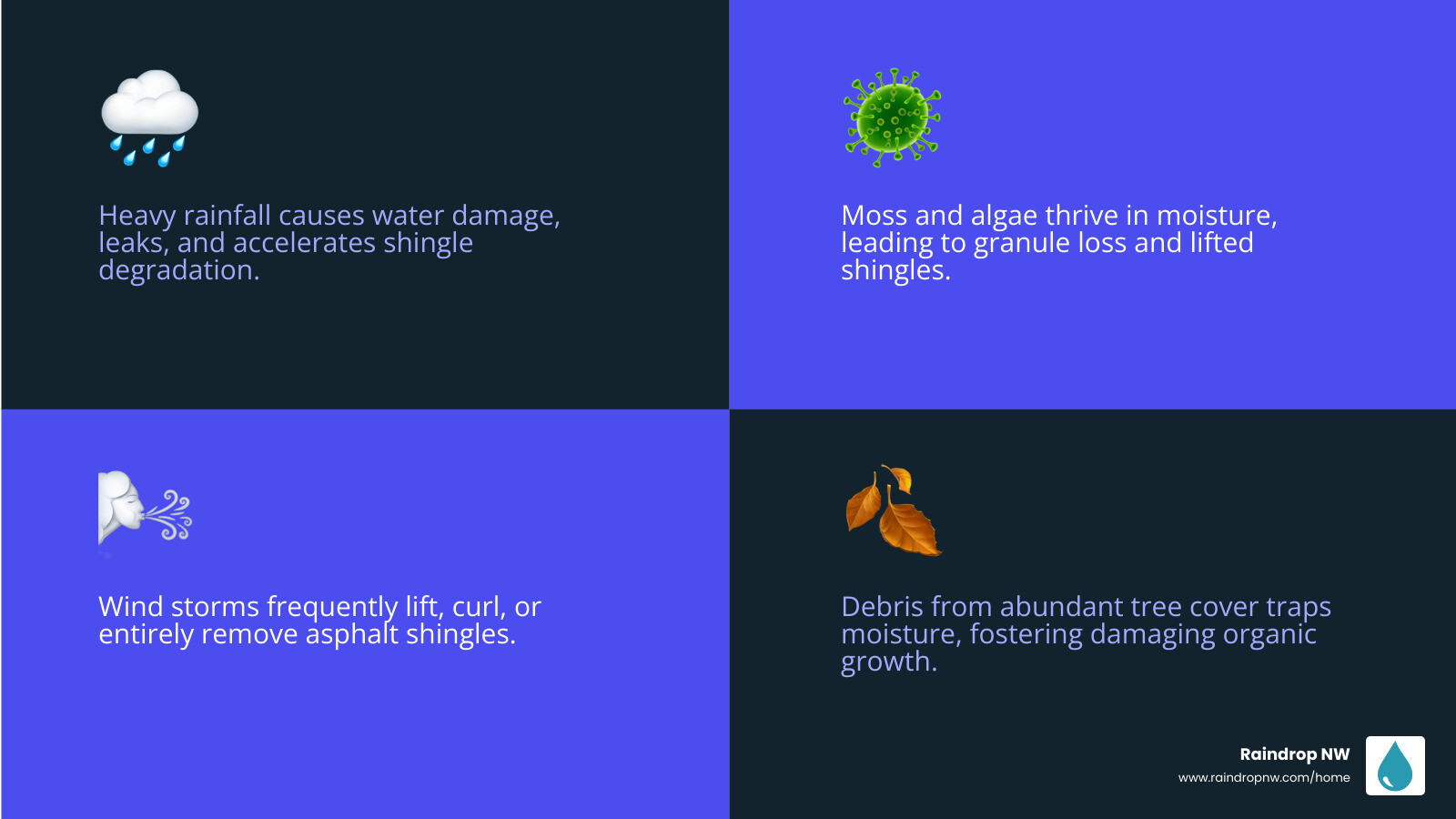 Infographic showing the main threats to asphalt shingle roofs in Bull Mountain, OR: heavy rainfall causing water damage and leaks, moss and algae growth from persistent moisture, wind storms lifting or removing shingles, debris accumulation from tree cover, UV ray damage during dry summers causing granule loss, and freeze-thaw cycles creating cracks - asphalt shingle roofing maintenance in bull mountain or infographic 4_facts_emoji_blue