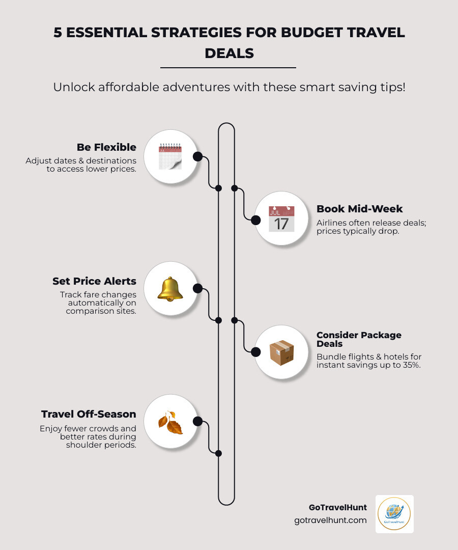 Infographic showing 5 essential strategies for finding budget travel special offers: 1. Be Flexible with dates and destinations to access lower prices, 2. Book Mid-Week when airlines release deals and prices drop, 3. Set Price Alerts on comparison sites to track fare changes automatically, 4. Consider Package Deals that bundle flights and hotels for instant savings up to 35%, and 5. Travel Off-Season during shoulder periods for fewer crowds and better rates - budget travel special offers infographic infographic-line-5-steps-elegant_beige