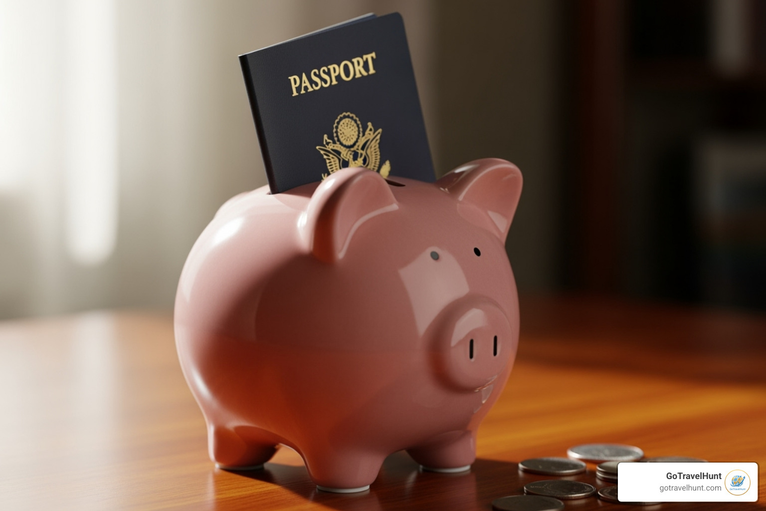 a piggy bank with a passport sticking out. - budget travel special offers