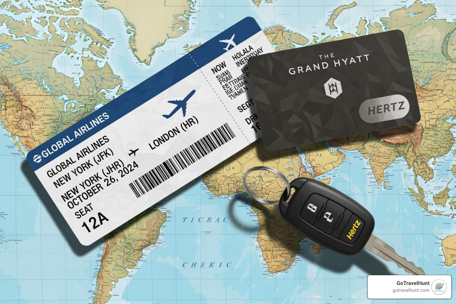 a collage showing a plane ticket, a hotel key card, and a rental car on a map. - budget travel special offers