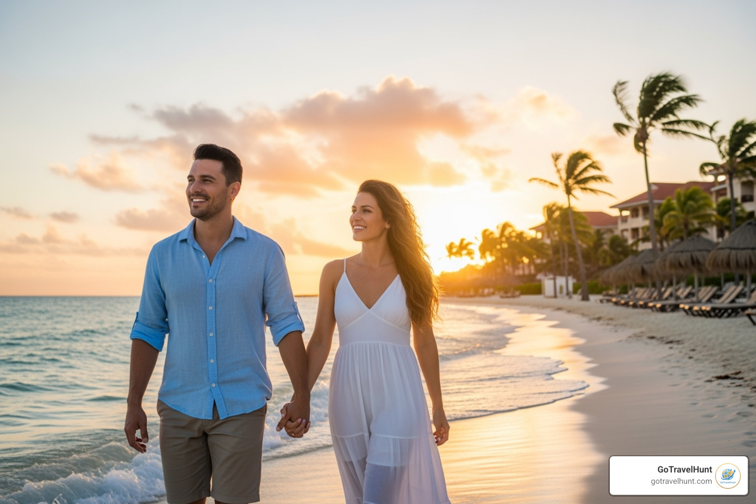 a couple enjoying an all-inclusive resort beach. - budget travel special offers