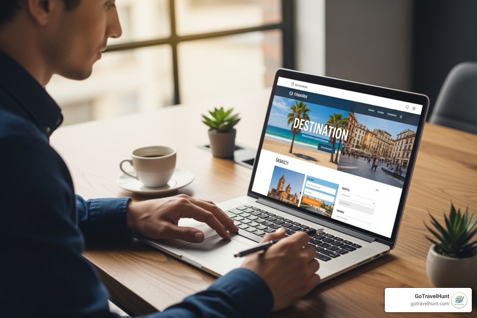 a person on a laptop with a travel deal website on the screen. - budget travel special offers