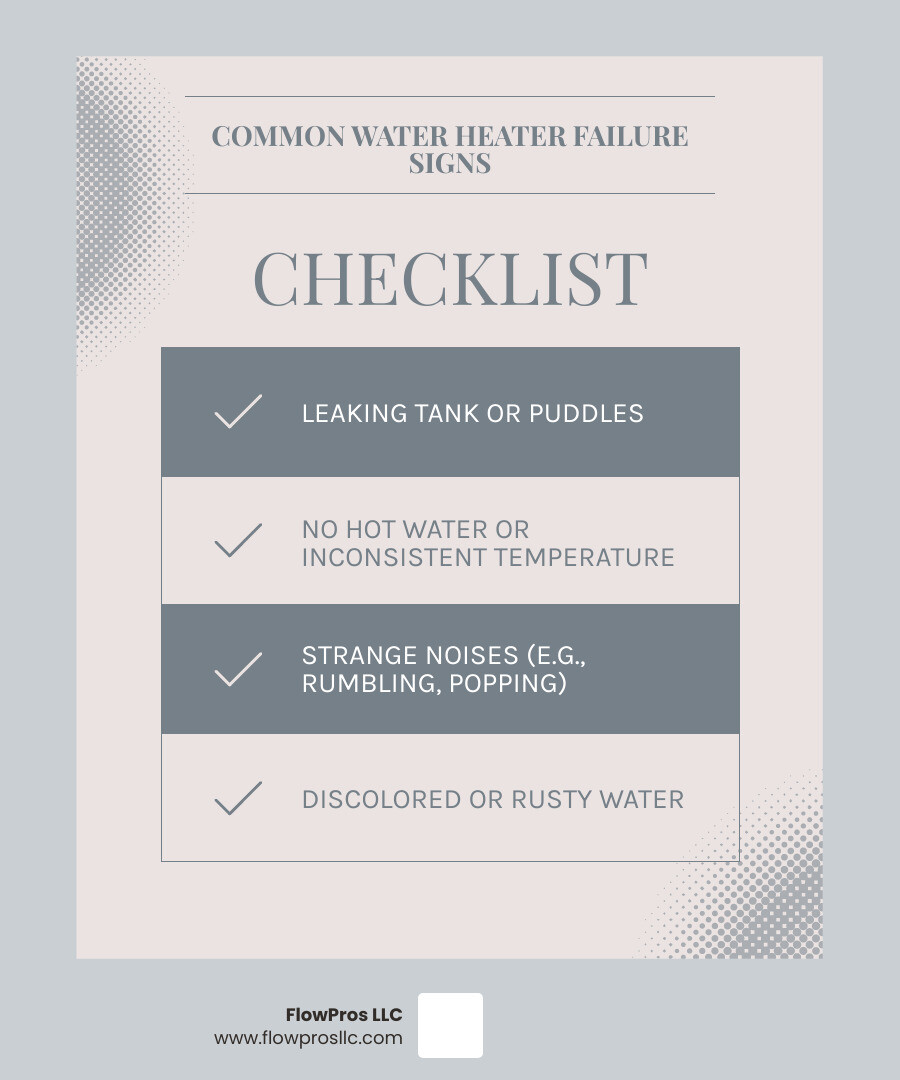 infographic showing common signs of water heater failure including rusty water, strange noises, leaking tank, inconsistent temperature, no hot water, and age over 10 years - local water heater installation and repair company in clearwater beach, fl infographic checklist-light-blue-grey