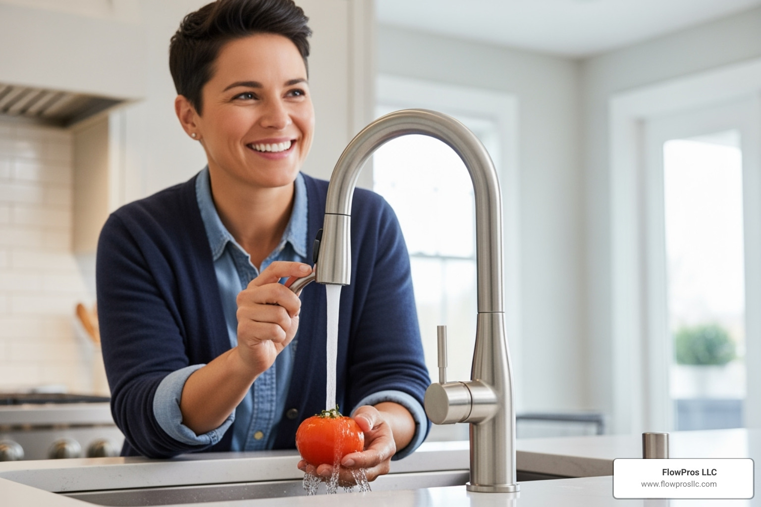 homeowner smiling while using a new, modern faucet - local water heater installation and repair company in clearwater beach, fl