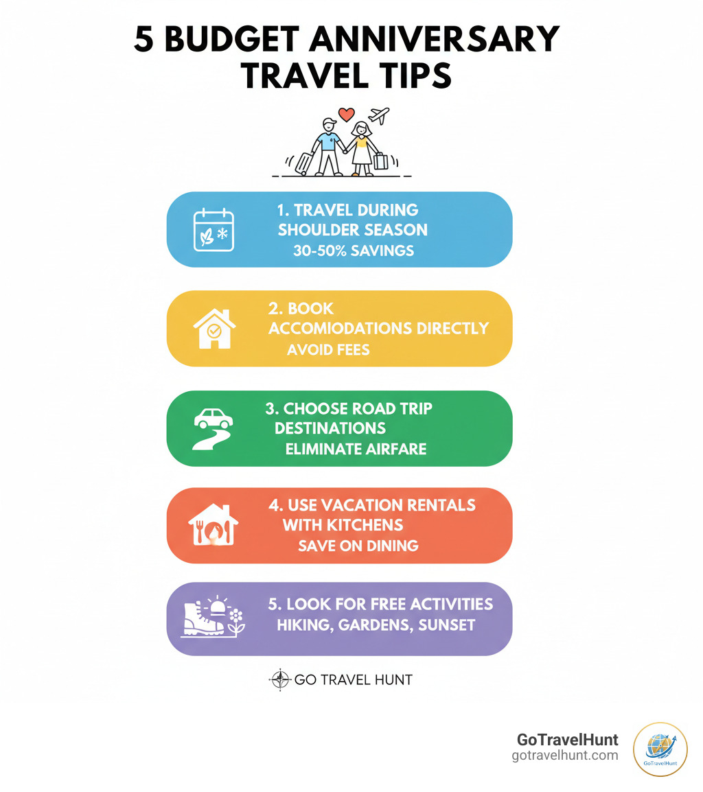 infographic showing 5 budget anniversary travel tips: 1. Travel during shoulder season for 30-50% savings, 2. Book accommodations directly to avoid fees, 3. Choose road trip destinations to eliminate airfare, 4. Use vacation rentals with kitchens to save on dining, 5. Look for free activities like hiking, public gardens, and sunset watching - 10 year anniversary trips on a budget infographic 