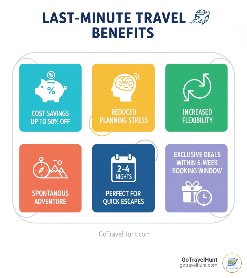 Infographic showing benefits of last-minute travel: Cost savings (up to 50% off), reduced planning stress, increased flexibility, spontaneous adventure, perfect for 2-4 night escapes, and access to exclusive deals within 6-week booking window - last minute europe breaks infographic Infographic showing benefits of last-minute travel: Cost savings (up to 50% off), reduced planning stress, increased flexibility, spontaneous adventure, perfect for 2-4 night escapes, and access to exclusive deals within 6-week booking window - last minute europe breaks infographic