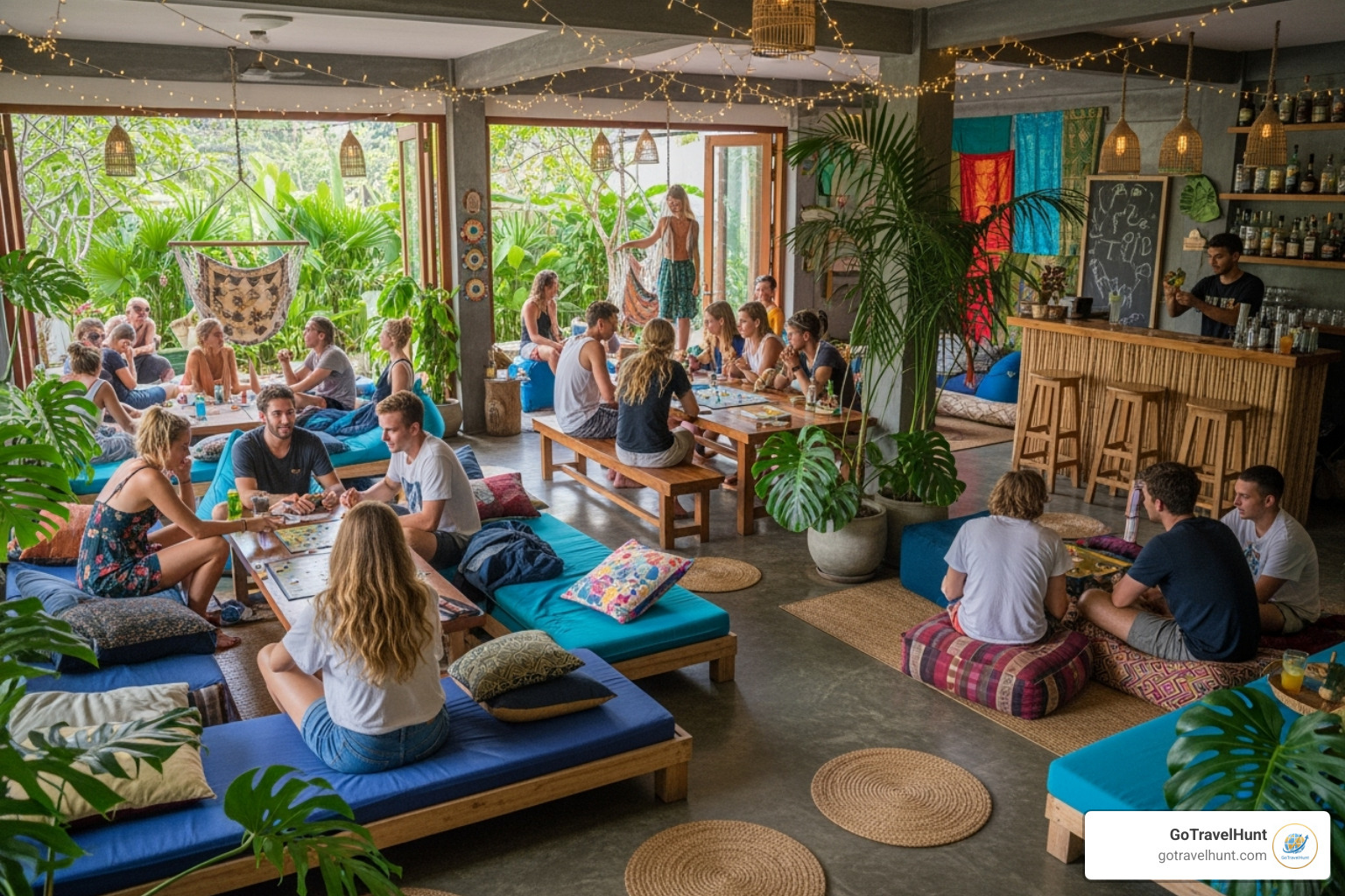 Lively hostel common area in Bali - cool places to go alone Lively hostel common area in Bali - cool places to go alone