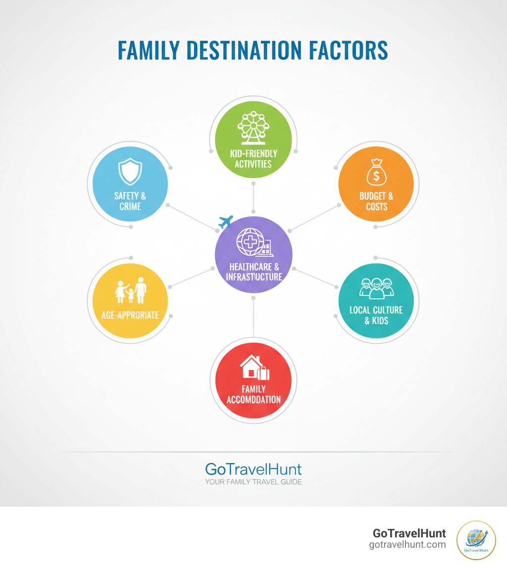 infographic showing key factors for choosing family destinations: Safety rankings and crime rates, Kid-friendly activities and attractions, Budget considerations and average costs, Age-appropriate experiences, Healthcare and infrastructure quality, Local culture's attitude toward children, Accommodation options for families - where to travel with kids infographic infographic showing key factors for choosing family destinations: Safety rankings and crime rates, Kid-friendly activities and attractions, Budget considerations and average costs, Age-appropriate experiences, Healthcare and infrastructure quality, Local culture's attitude toward children, Accommodation options for families - where to travel with kids infographic
