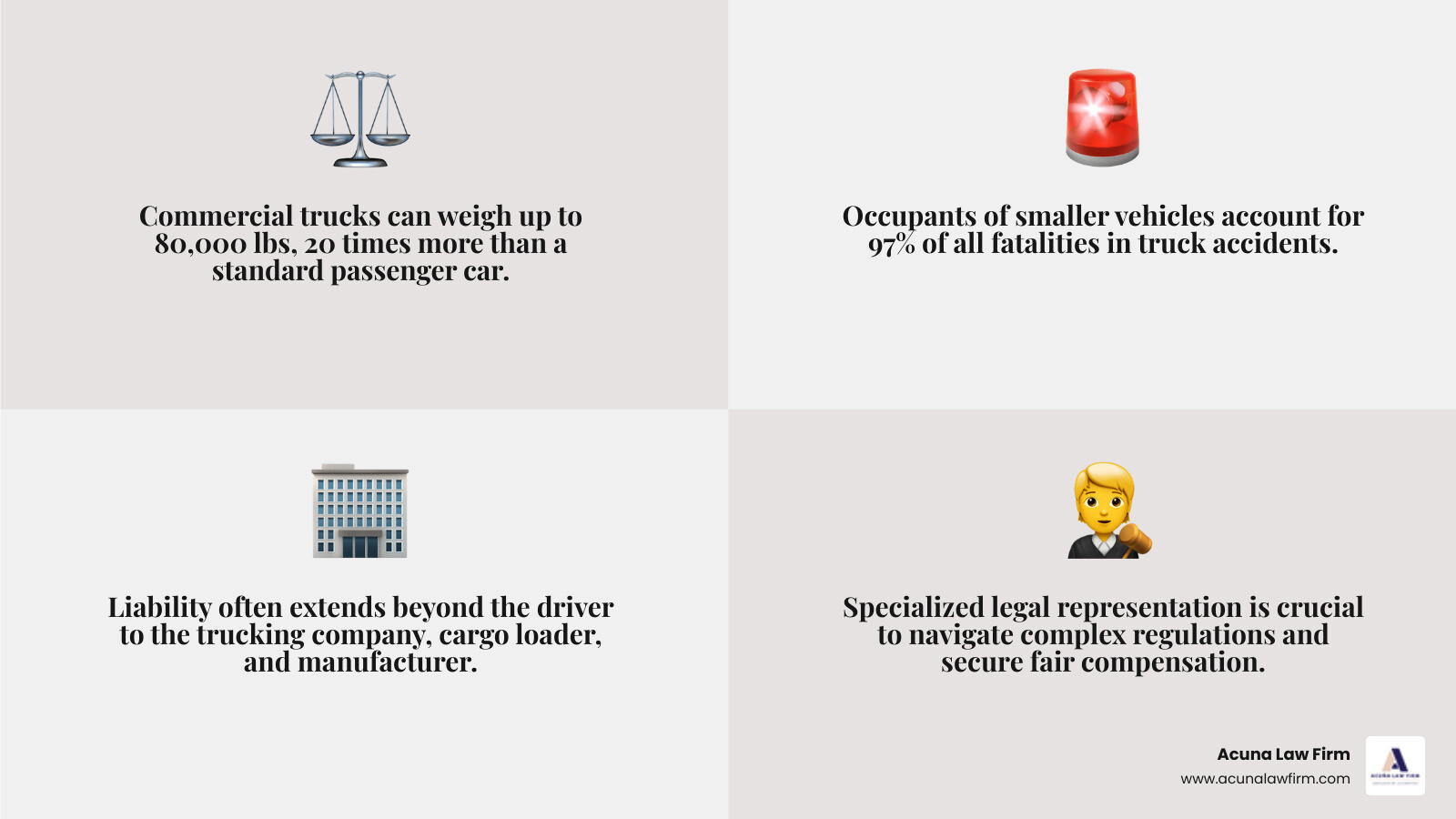 infographic showing weight difference between an 80,000 pound commercial truck and a 4,000 pound passenger car, statistics on truck accident fatalities, and the multiple parties that can be held liable including driver, trucking company, maintenance provider, cargo loader, and manufacturer - abogados de accidentes de camión infographic 4_facts_emoji_grey