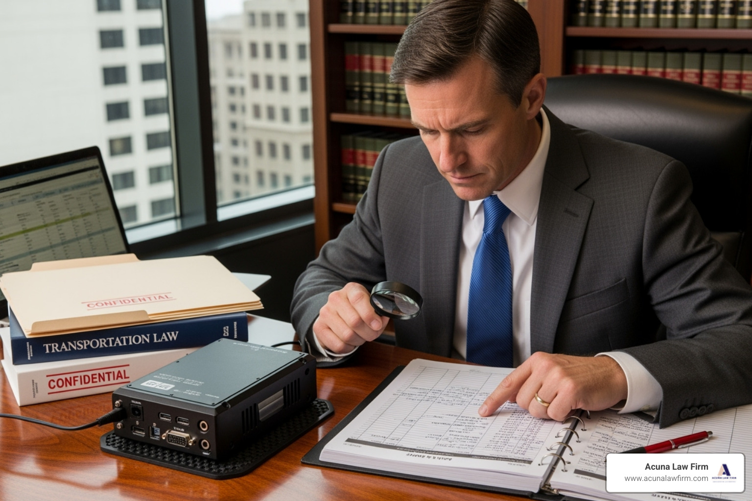 attorney examining evidence like a driver's logbook or truck's "black box" - abogados de accidentes de camión