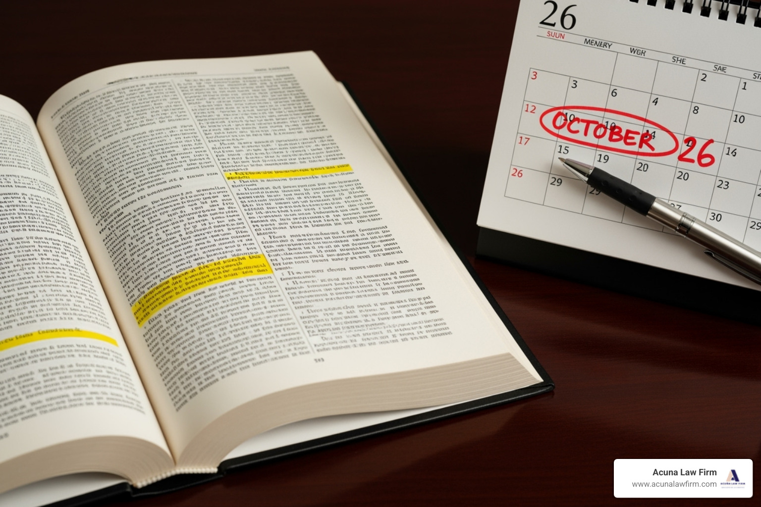 calendar with a date circled in red next to a law book - abogados de malpractice