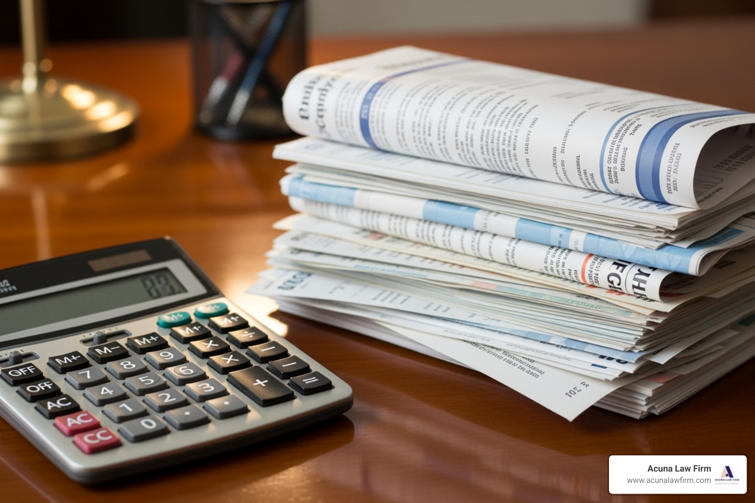 calculator next to a stack of medical bills - dog bite lawyer near me