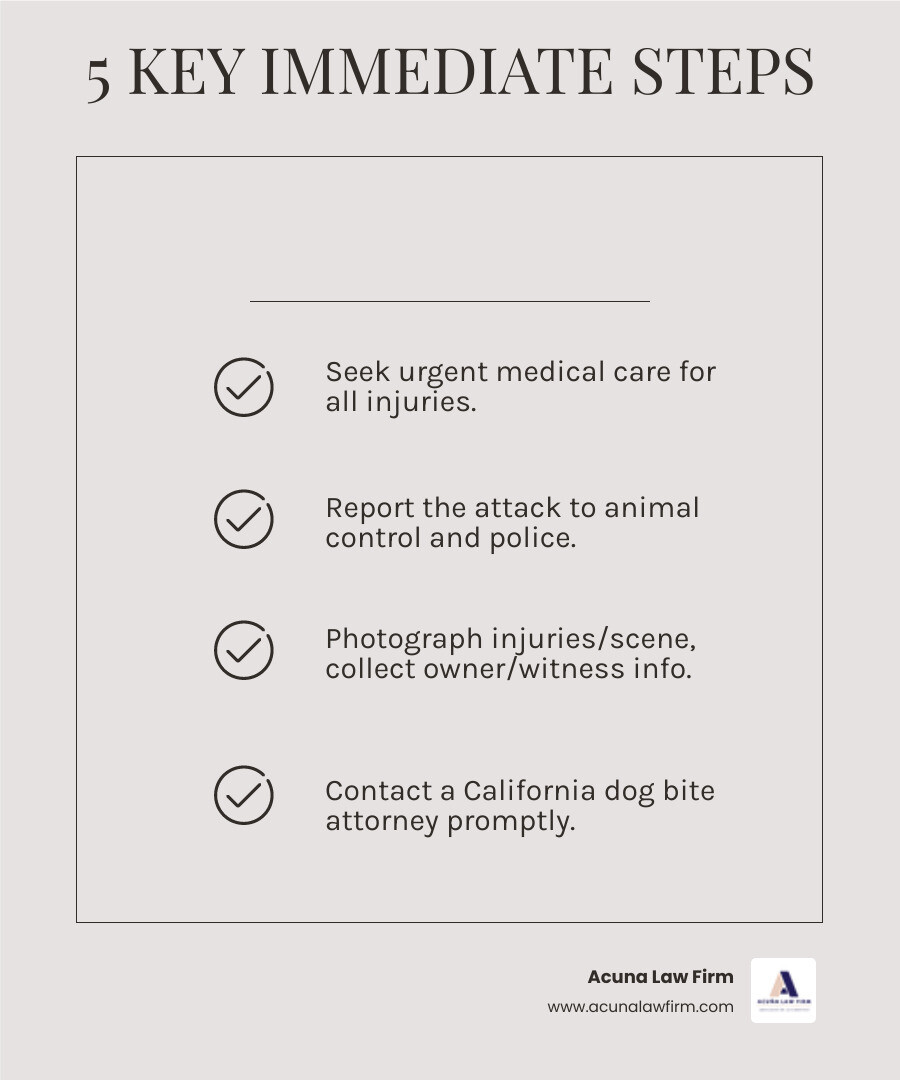 Infographic showing 5 immediate steps after a dog bite: 1. Get emergency medical treatment at the nearest hospital for wounds, infections, and rabies prevention. 2. Call animal control and police to file an official report documenting the attack. 3. Photograph your injuries before and after treatment, the dog, and the location where the attack occurred. 4. Collect the dog owner's name, address, phone number, and insurance information, plus witness contact details. 5. Contact an experienced California dog bite attorney within days - you have only 2 years to file a claim under state law. - dog bite lawyer near me infographic checklist-light-beige
