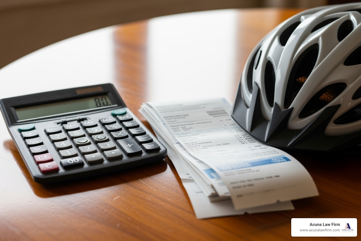 Calculator next to medical bills and a bicycle helmet - bicycle accident attorney Calculator next to medical bills and a bicycle helmet - bicycle accident attorney