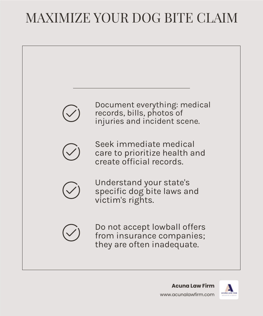 infographic summarizing the importance of legal representation, free consultations, and fighting for maximum compensation for dog bite injury victims - dog bite injury compensation infographic checklist-light-beige