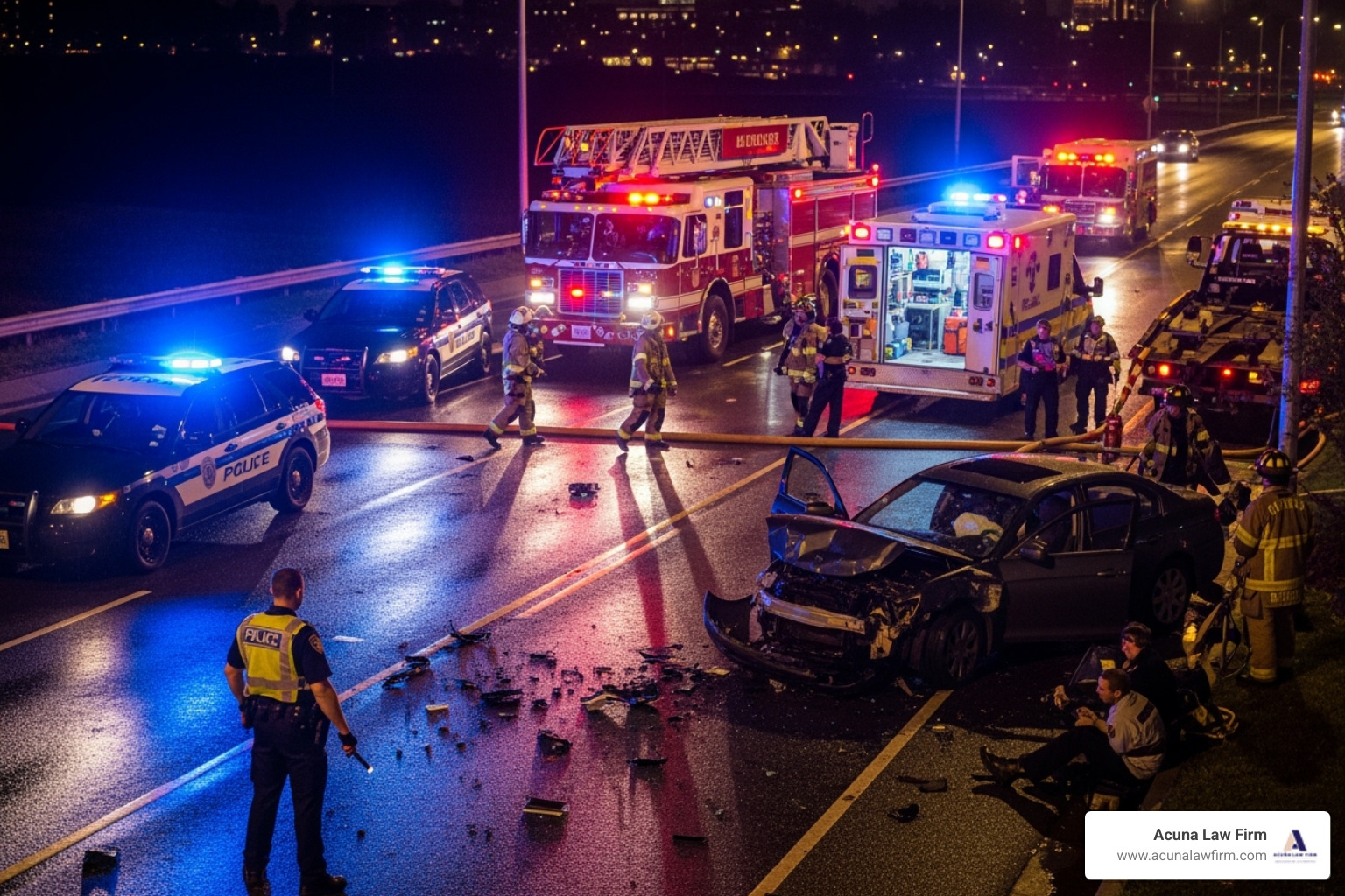 accident scene with police and emergency services - accident lawsuit attorney