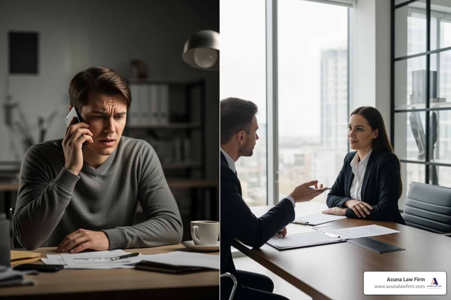 person on the phone looking stressed, contrasted with a person calmly meeting with an Acuna Law Firm attorney - accident lawsuit attorney