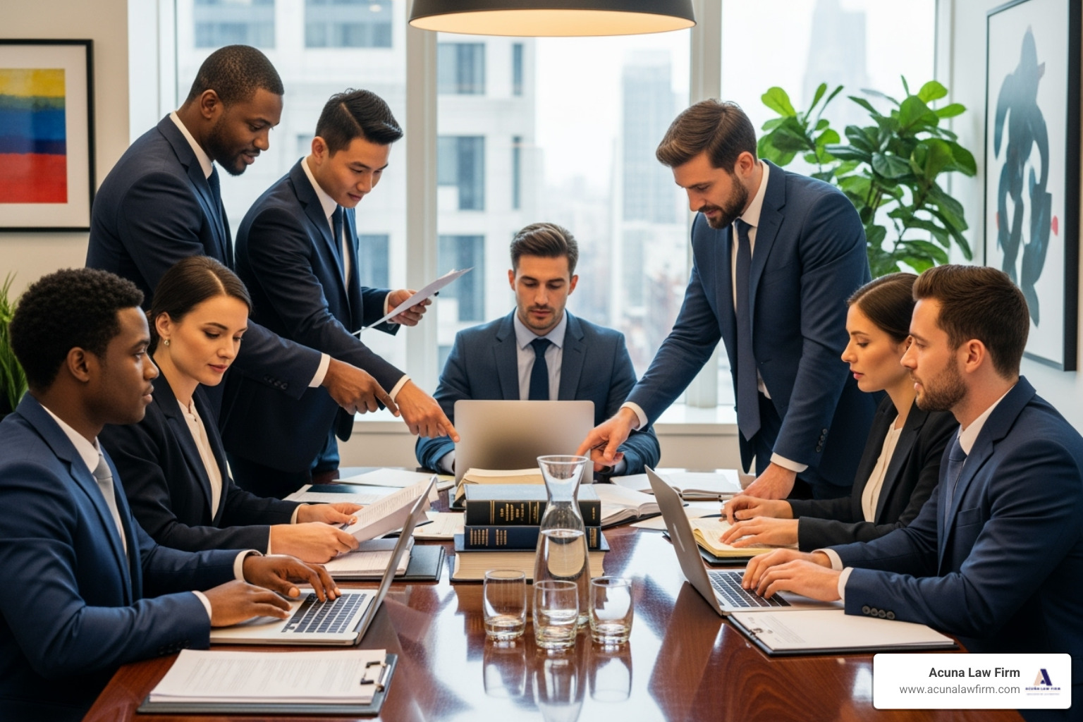 diverse Acuna Law Firm legal team collaborating on a case file - accident lawsuit attorney