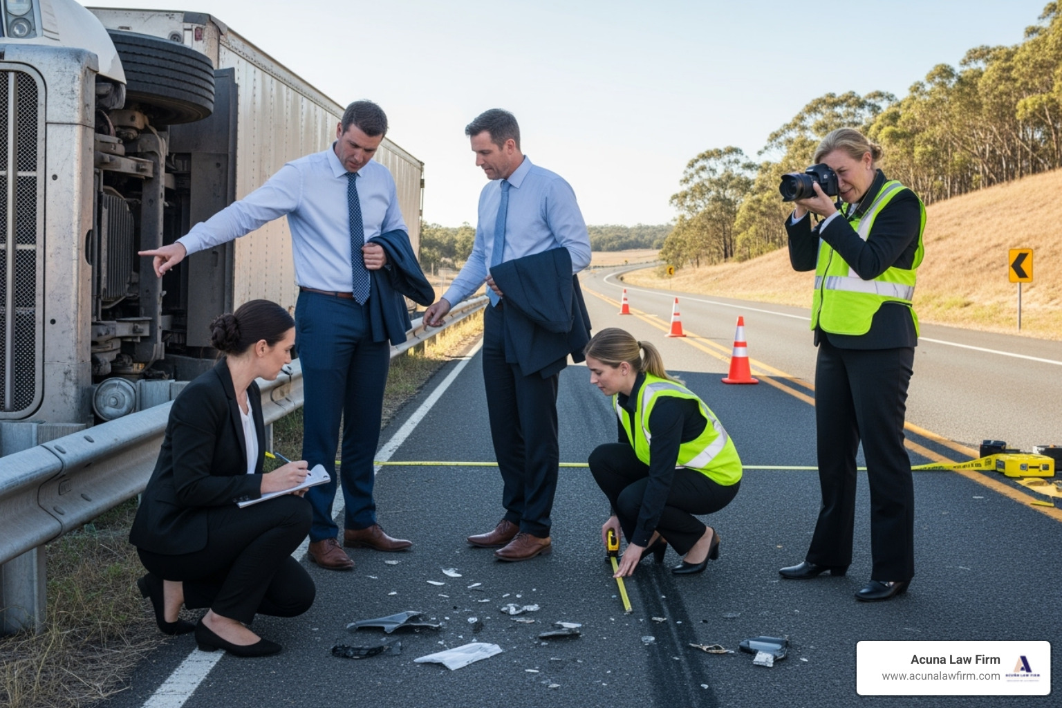 Legal team investigating an accident scene with a commercial truck - auto and truck accident lawyer