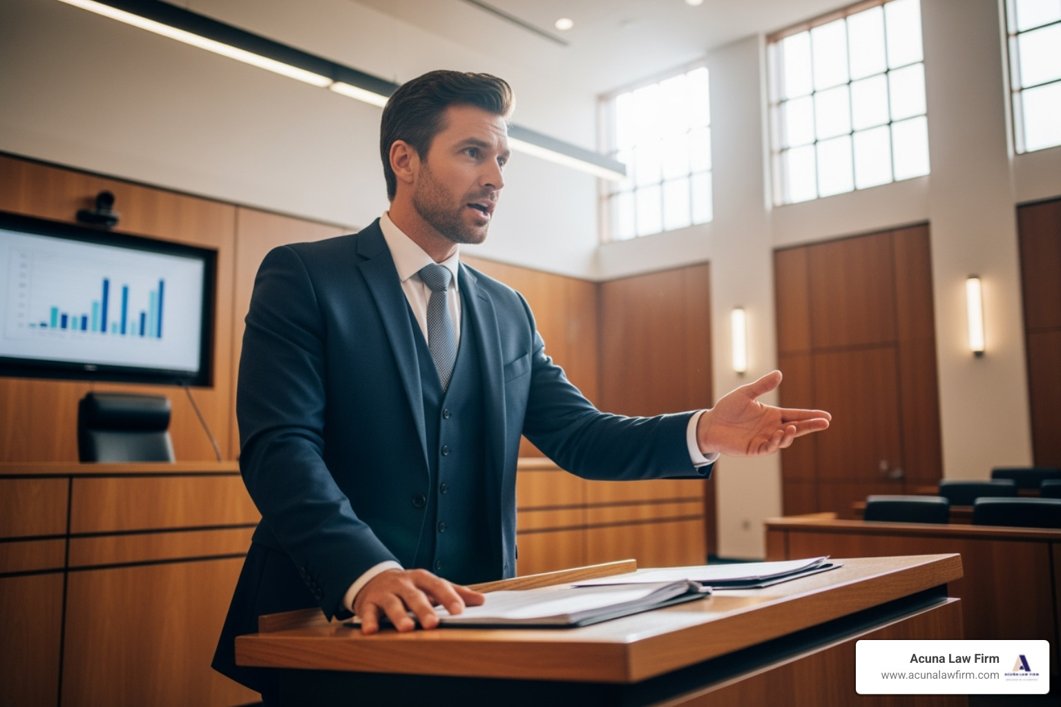 A confident Acuna Law Firm attorney, in a professional suit, presenting a case passionately in a modern courtroom setting. The image conveys authority and expertise. - abogado de negligencia médica