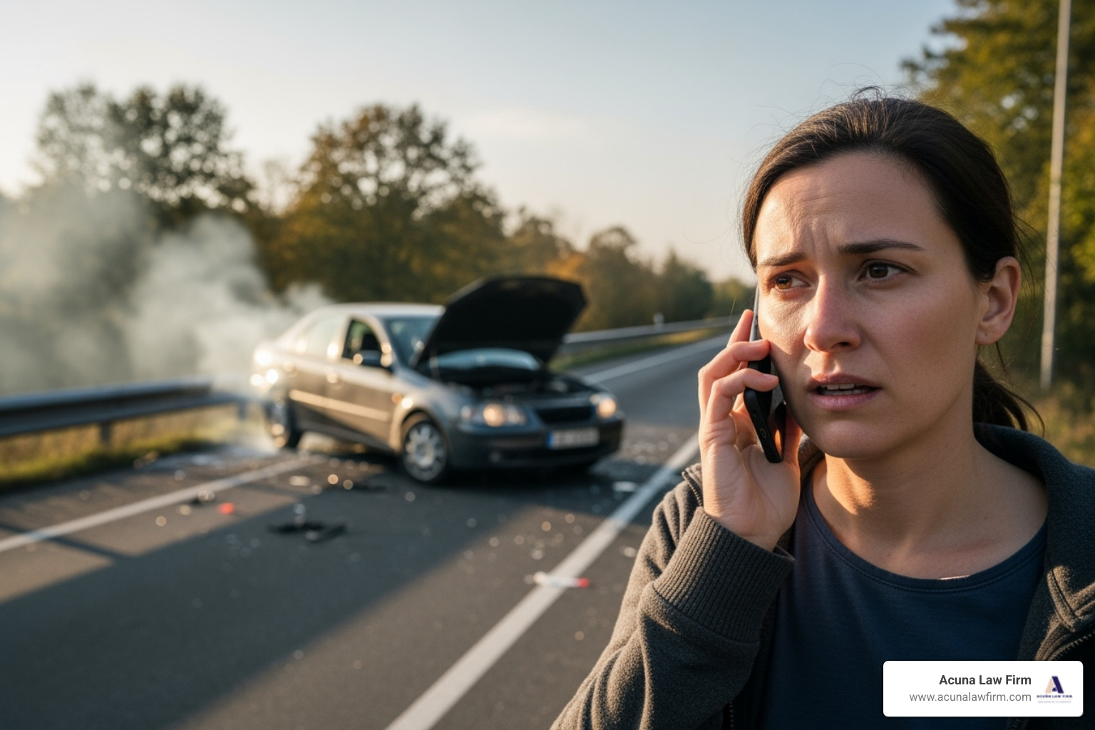 person on the phone looking concerned, with a crashed car in the background - lyft car accident settlement person on the phone looking concerned, with a crashed car in the background - lyft car accident settlement