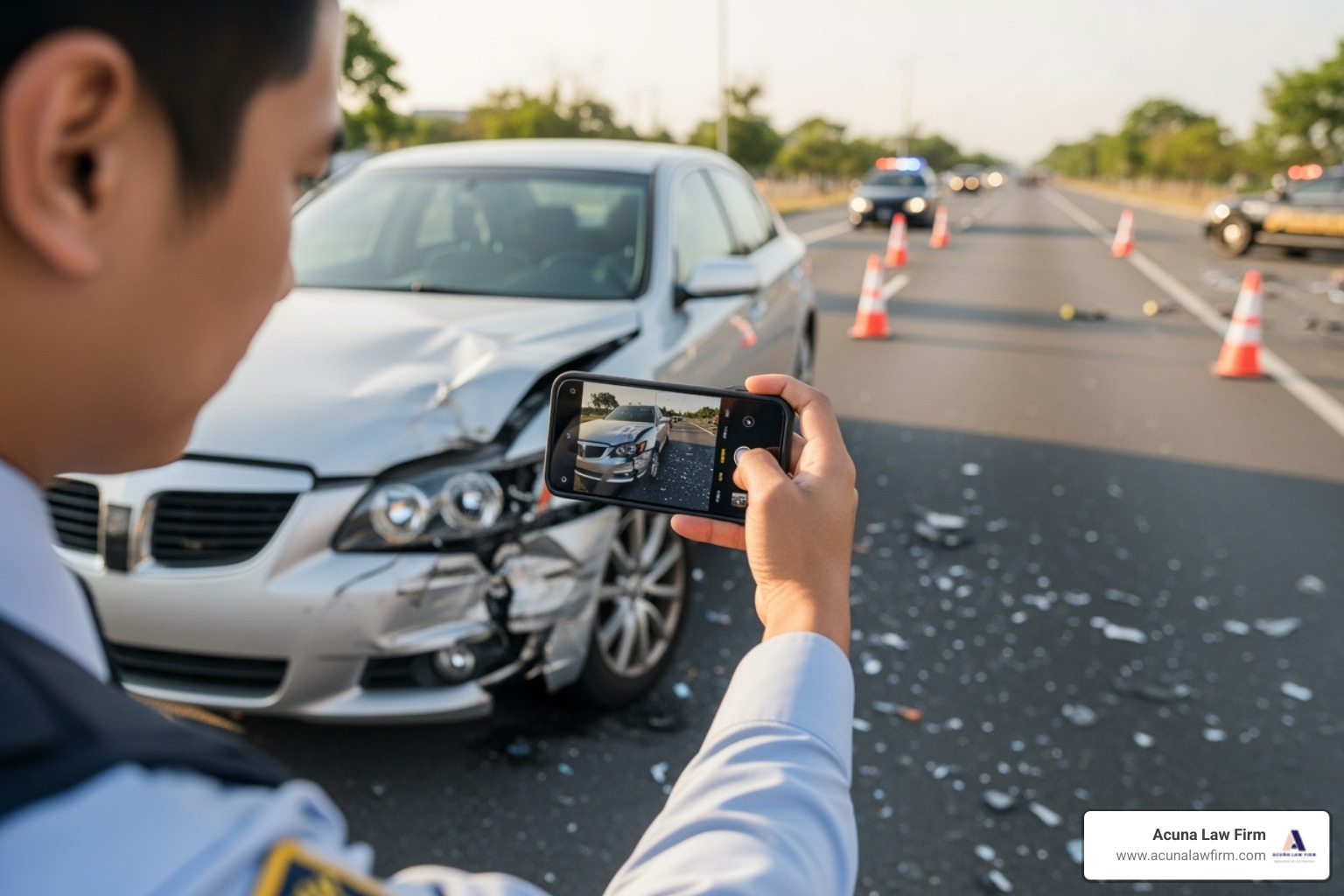 person taking photos of vehicle damage at accident scene - big rig wreck lawyer