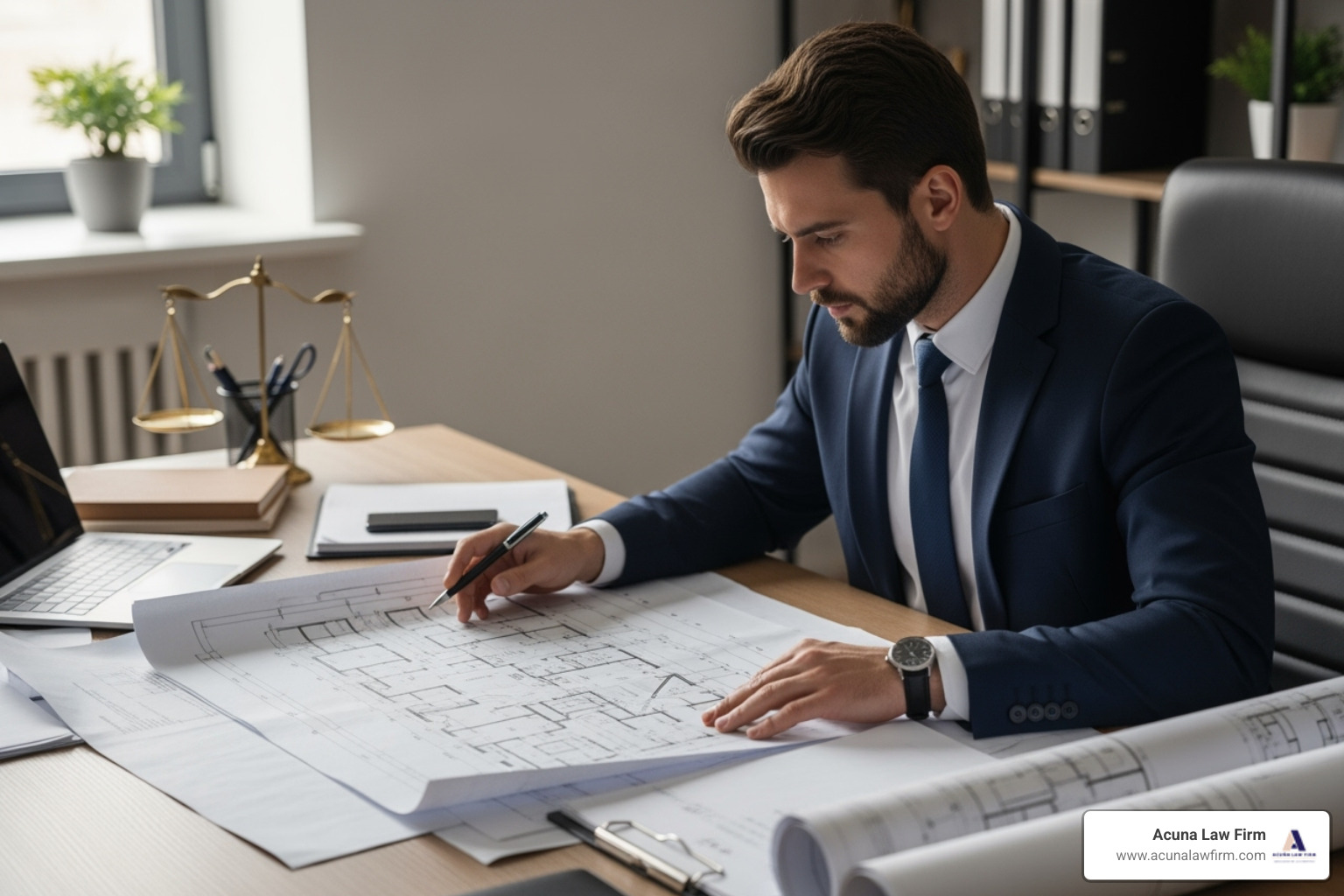 a lawyer reviewing blueprints on a desk - how to pick the right construction accident attorney