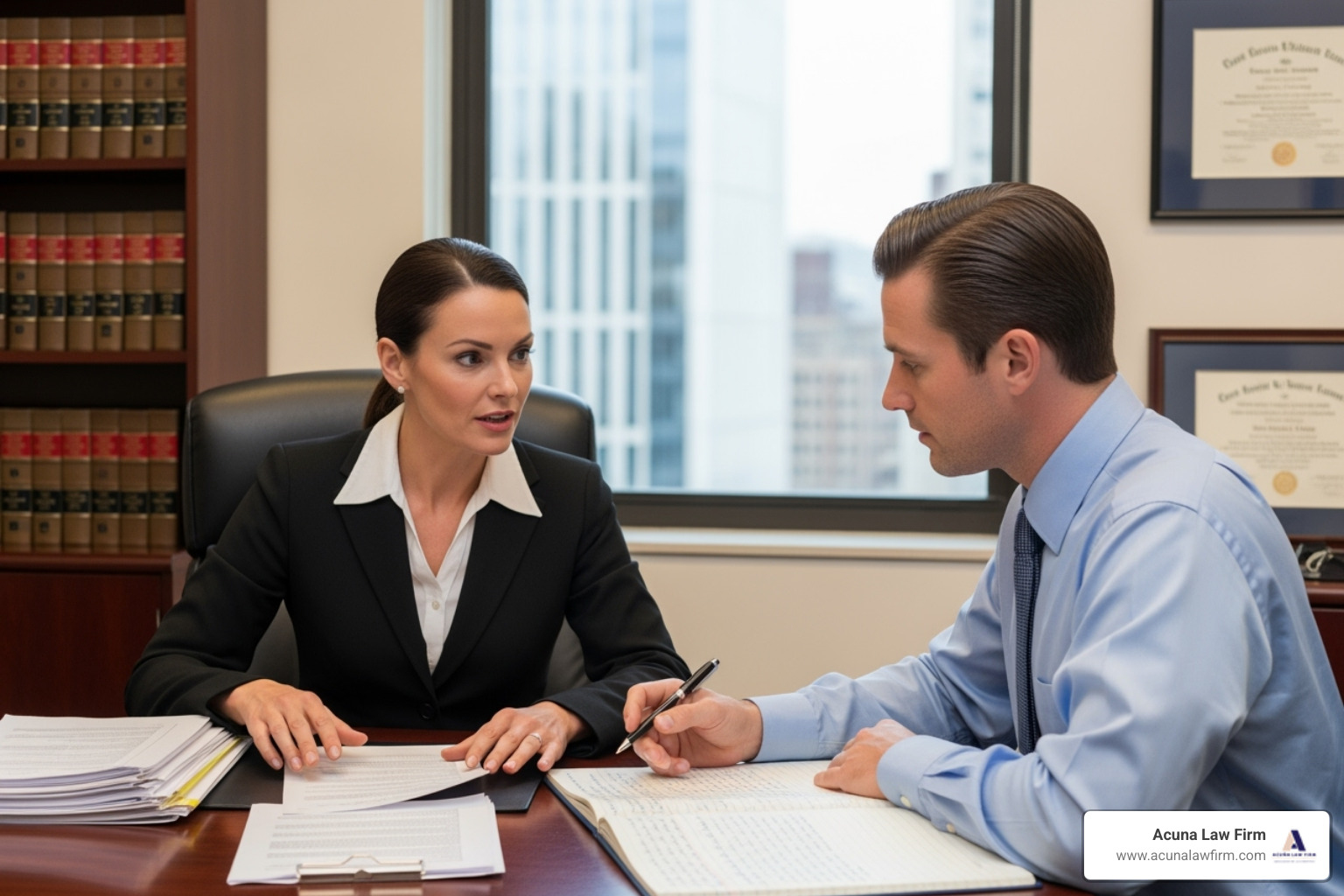 A lawyer meeting with a client in an office setting - abogado de accidentes de camión cerca de mí