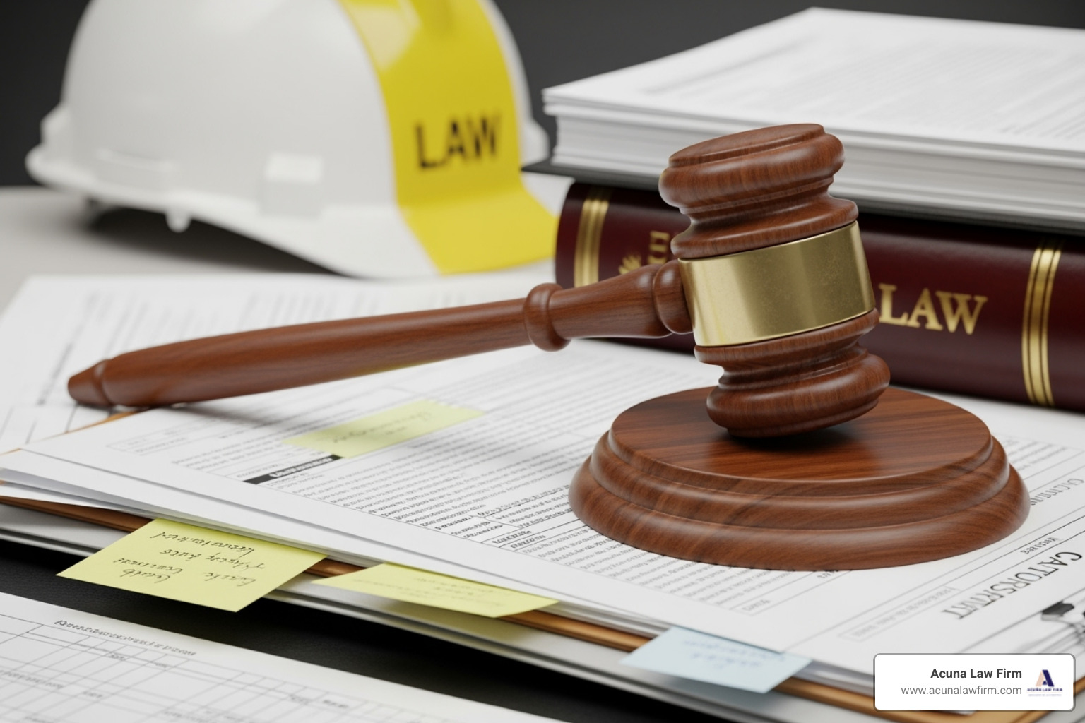 gavel resting on legal documents with a hard hat in the background - construction worker died