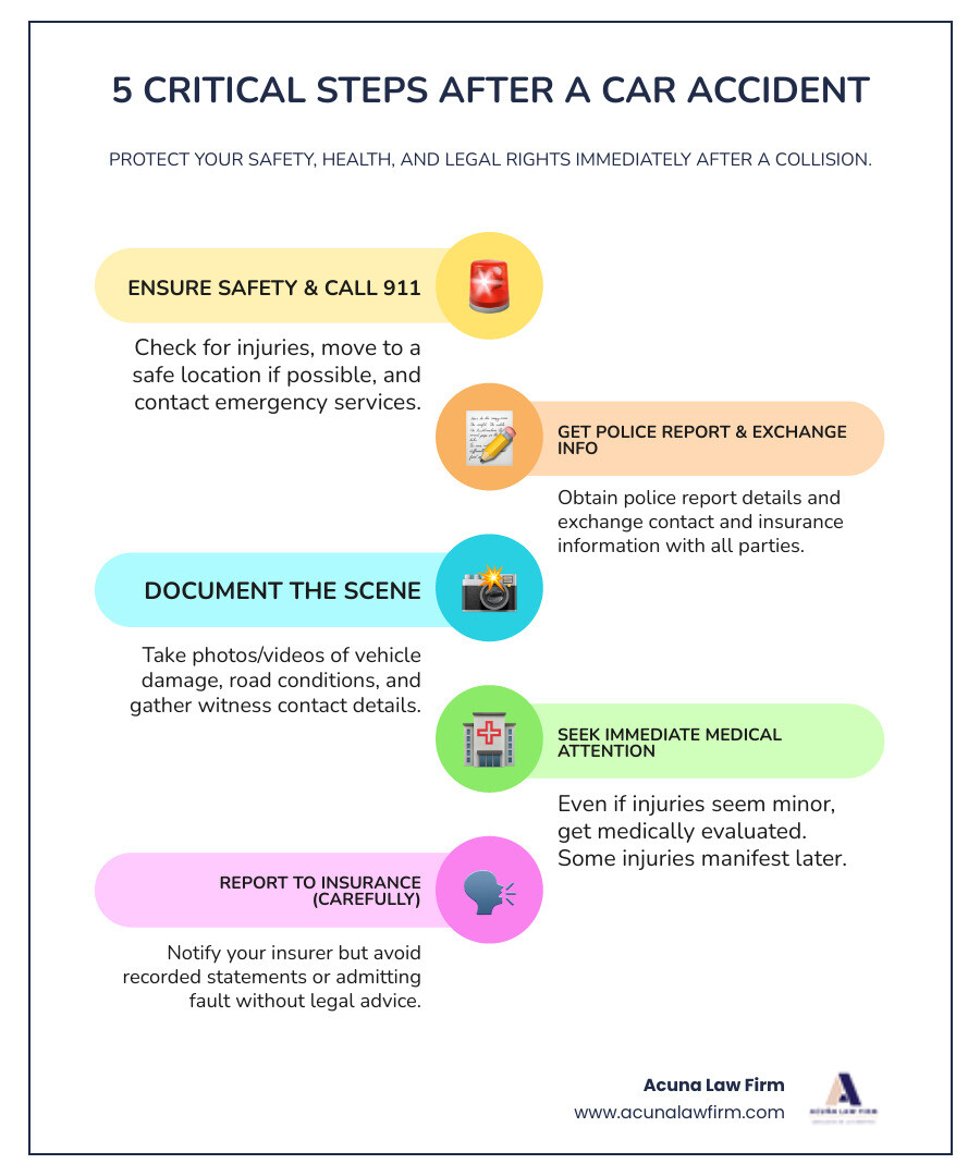 infographic showing 5 critical steps after a car accident: 1. Ensure safety and call 911, 2. Get police report and exchange information, 3. Document scene with photos and witness contacts, 4. Seek immediate medical attention, 5. Report to insurance but avoid recorded statements - lawyer for collision infographic infographic-line-5-steps-colors