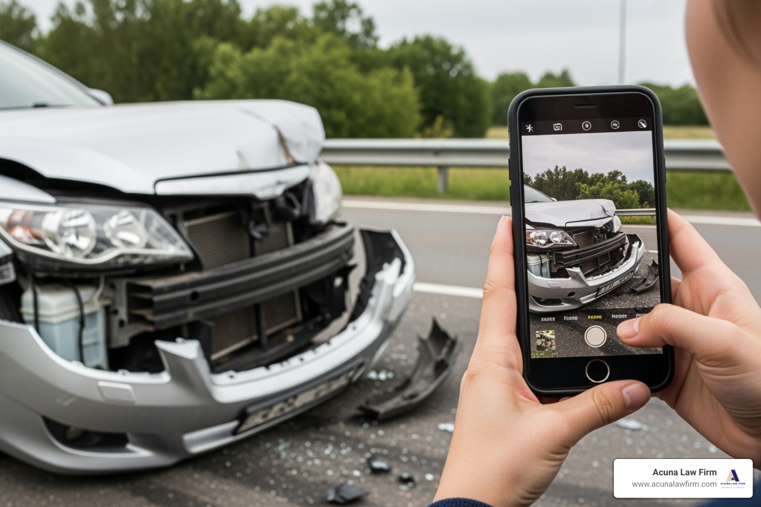 person taking photo of car damage with smartphone - lawyer for collision