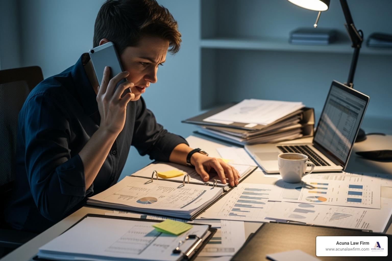 person on phone looking stressed while reviewing paperwork - lawyer for collision