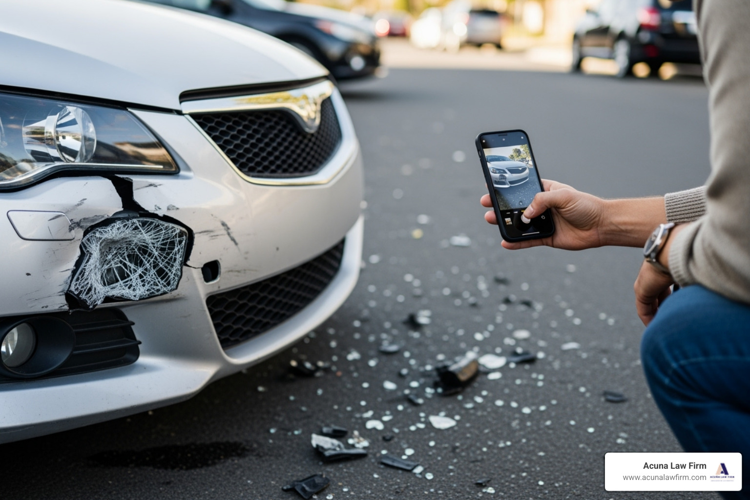 A person taking photos of car damage with their smartphone - collision attorney near me A person taking photos of car damage with their smartphone - collision attorney near me