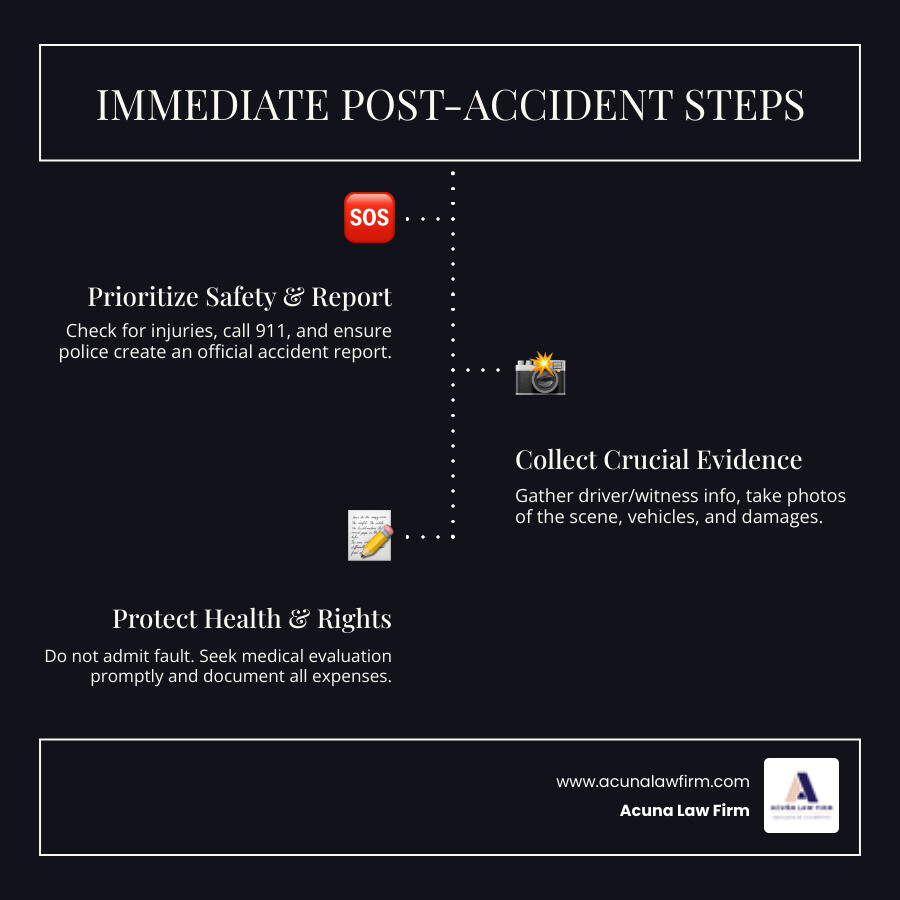 Infographic showing immediate post-accident steps: 1. Call 911 if anyone is injured, 2. Request police attendance at the scene, 3. Do NOT admit fault, 4. Collect other driver's information (name, insurance, license, vehicle details), 5. Take photos of damage and scene, 6. Get witness contact information, 7. Seek medical evaluation even without obvious injuries, 8. Contact your insurance company, 9. Keep all receipts and documentation - do i need a lawyer for a car accident settlement infographic infographic-line-3-steps-dark