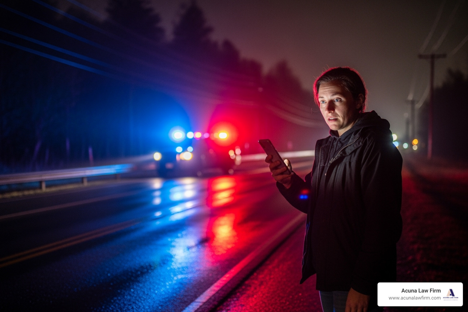 person on phone by side of road with emergency lights - Head-on collision lawyer
