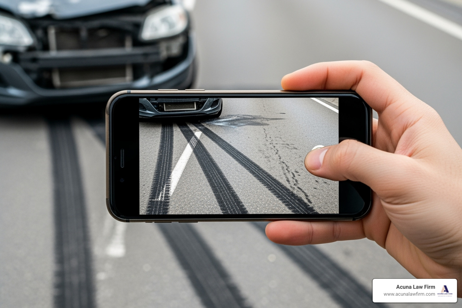 smartphone photographing vehicle damage and skid marks - Head-on collision lawyer