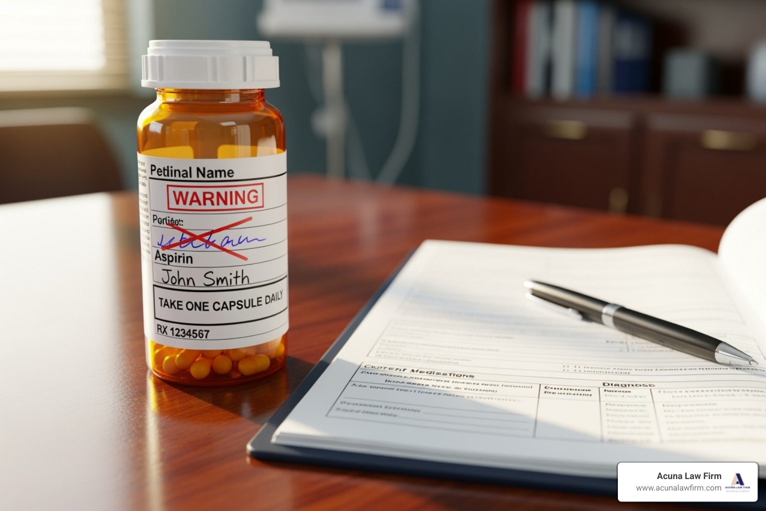 mislabeled prescription bottle next to a medical chart - negligencia medica mislabeled prescription bottle next to a medical chart - negligencia medica