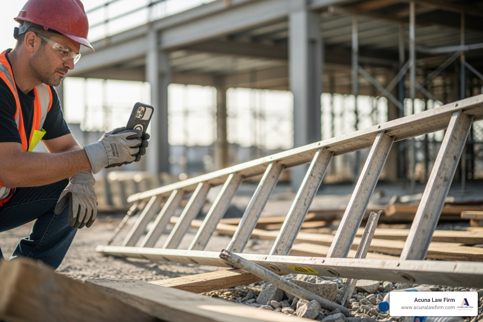 worker photographing damaged ladder - what to do after a construction accident at work