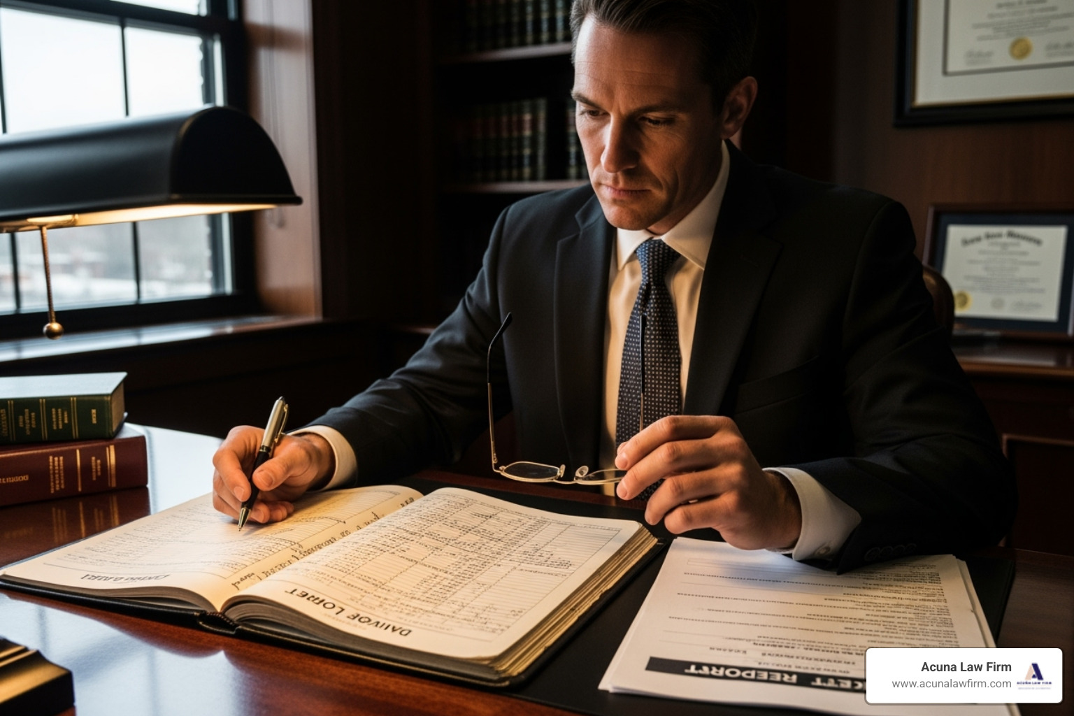 attorney reviewing driver logbook and police report - abogado de accidentes de camion con lesiones graves
