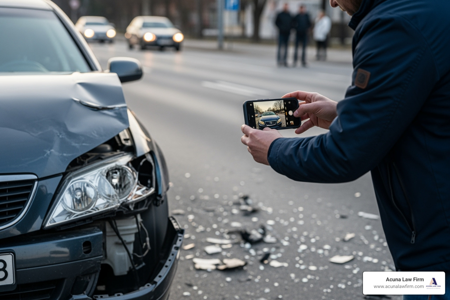 person taking photos of accident scene - abogado de accidentes de camion con lesiones graves