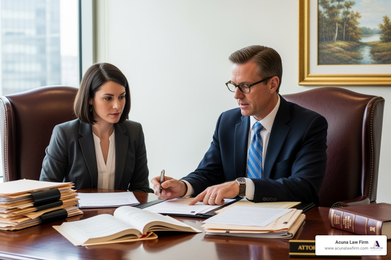 lawyer reviewing case files with client - abogado accidente automovilístico