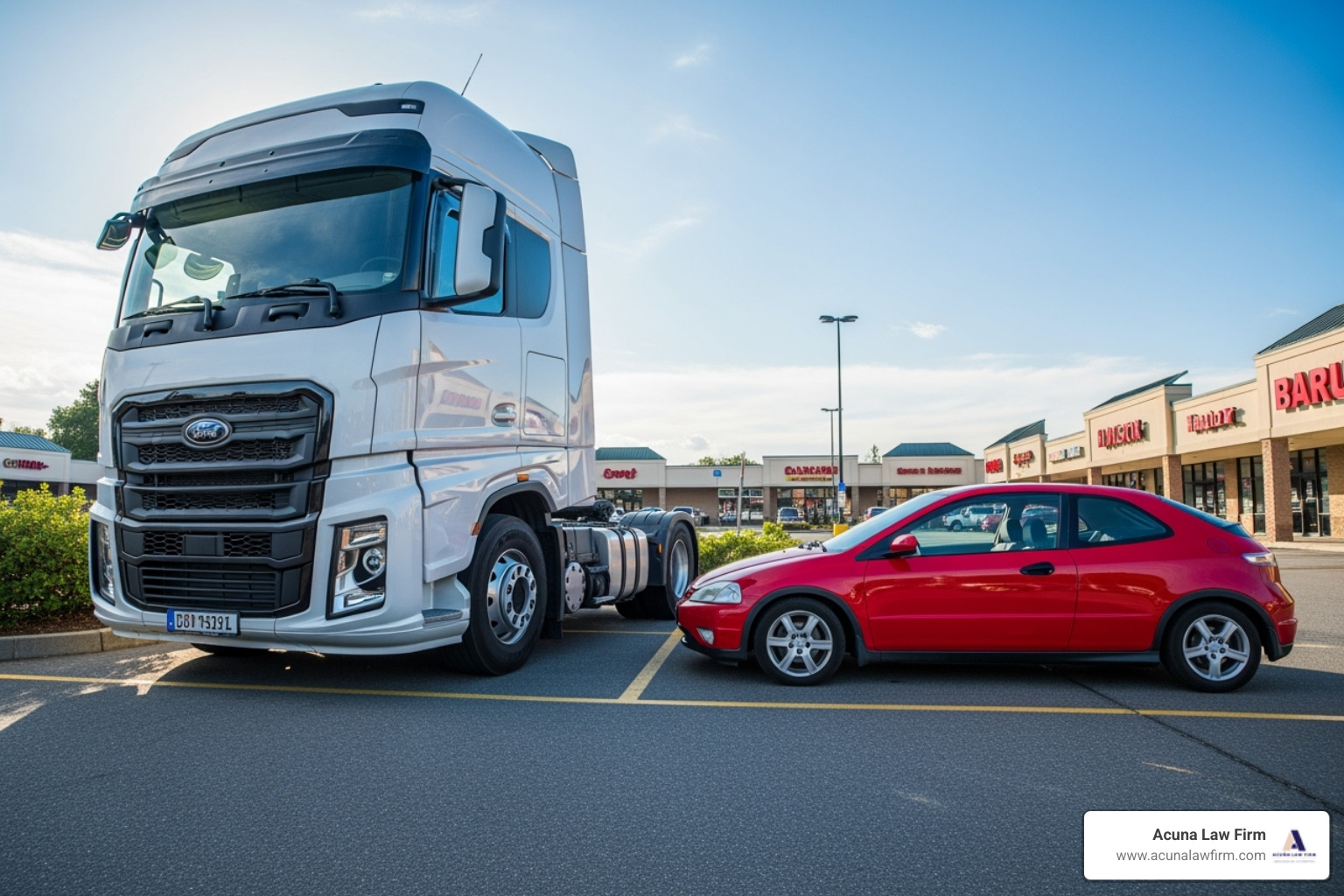 Image comparing the size and weight of a commercial truck next to a standard passenger car - Truck Accident Lawyer
