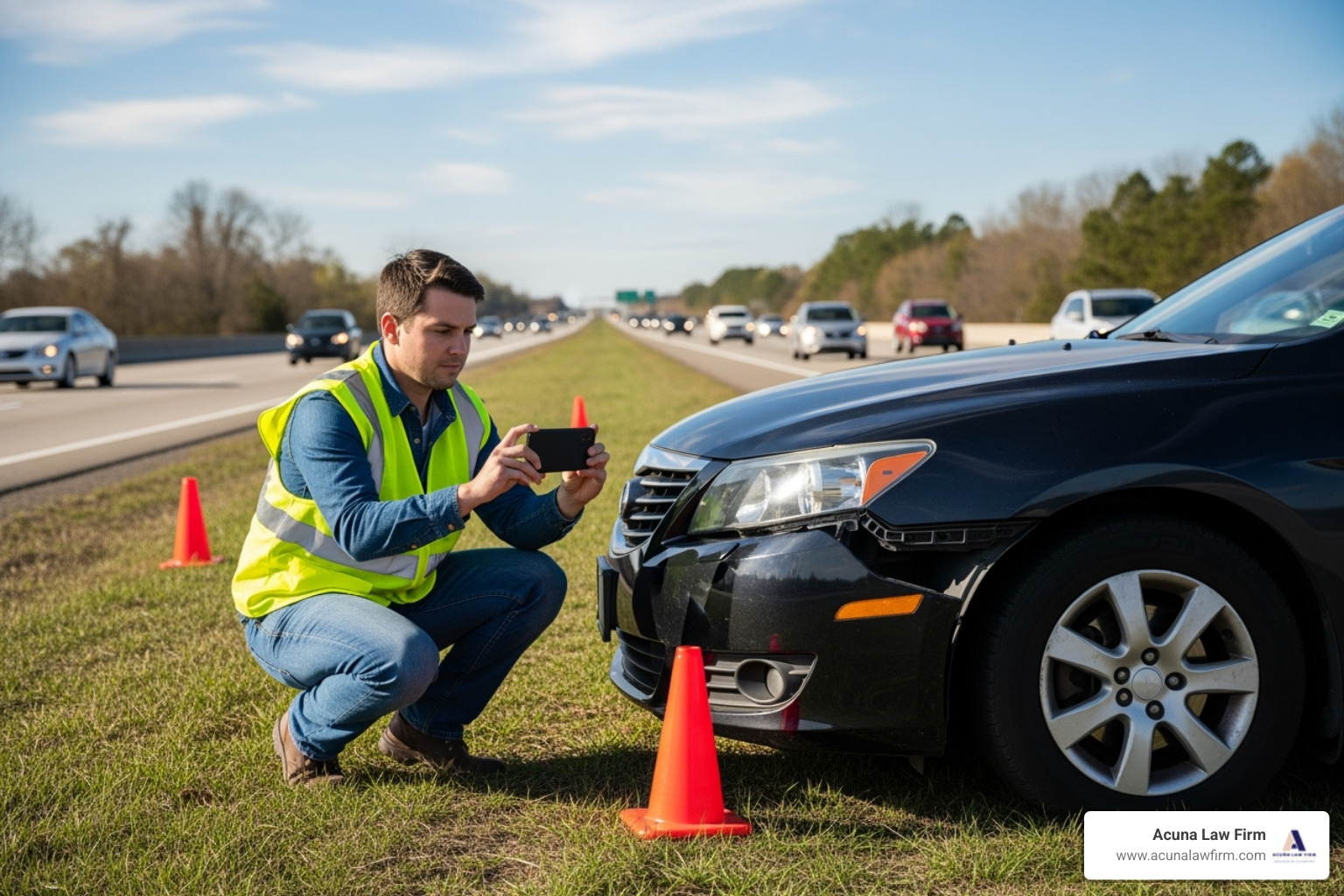 Image of a person safely taking photos of vehicle damage at an accident scene - Truck Accident Lawyer Image of a person safely taking photos of vehicle damage at an accident scene - Truck Accident Lawyer