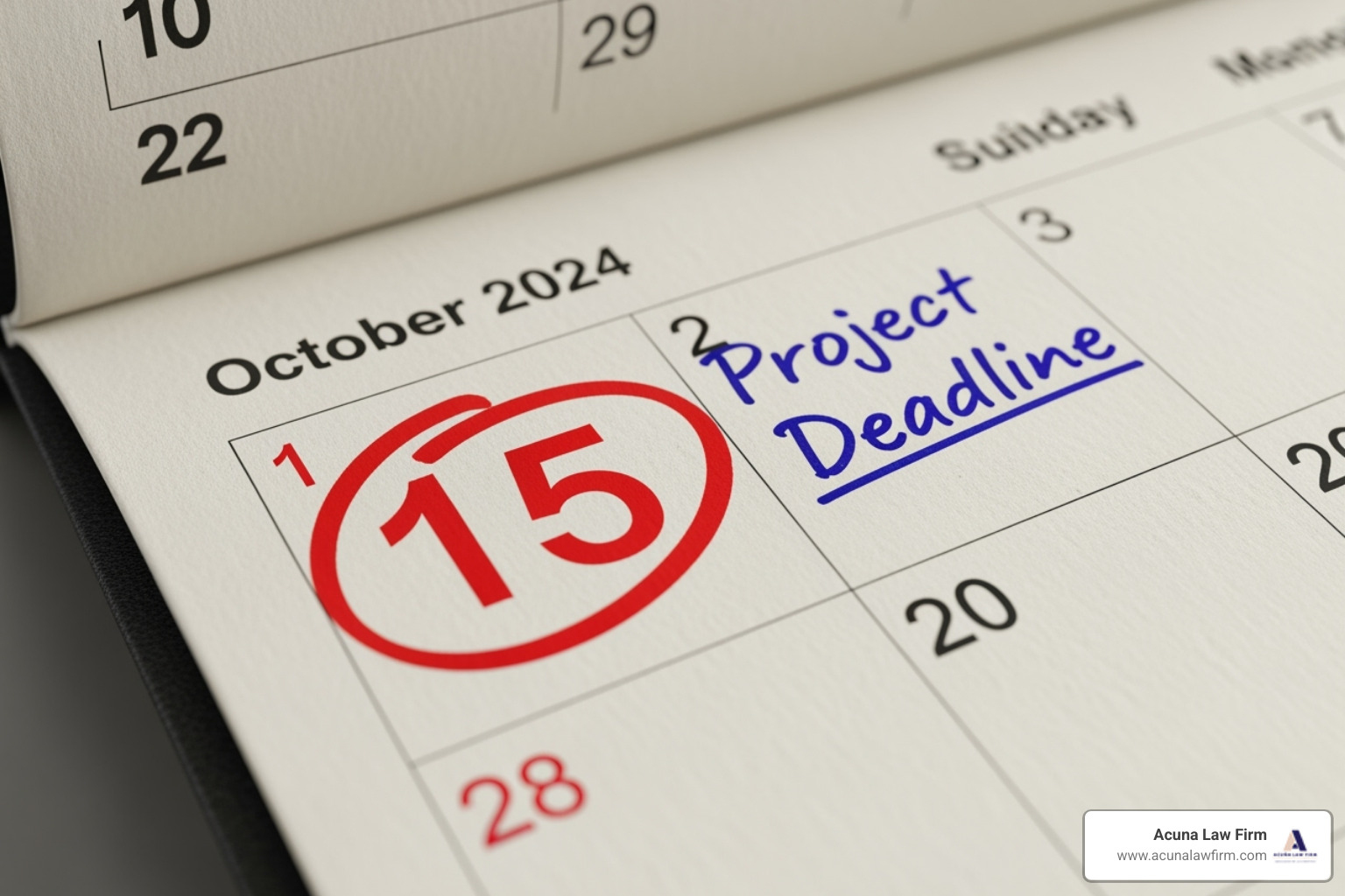calendar with a date circled, symbolizing a deadline - abogado accidente automovilístico
