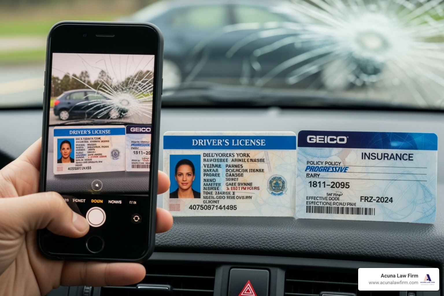 driver taking photo of other driver's license and insurance card - abogado accidente automovilístico