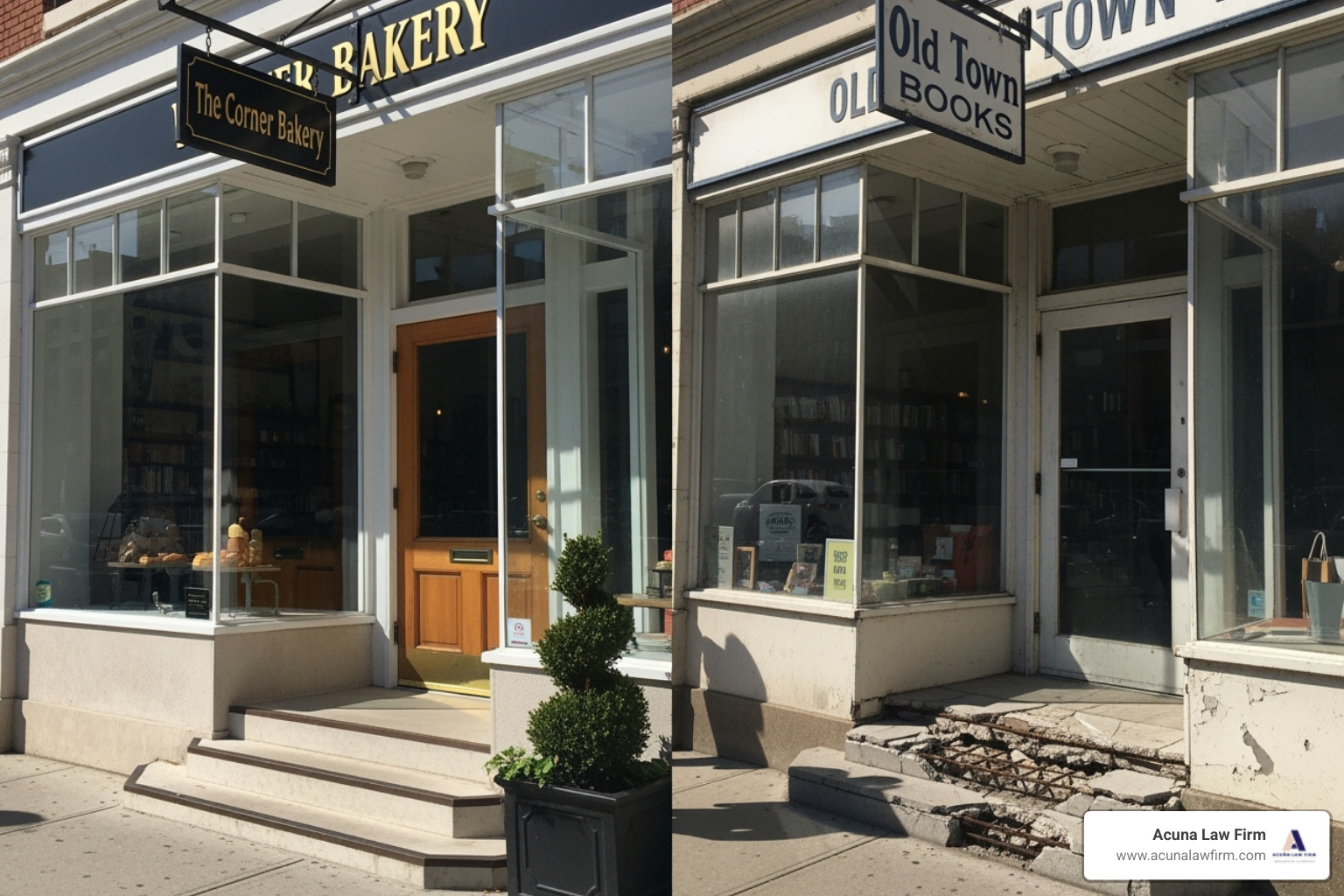A well-maintained storefront contrasted with one with a broken step - premises liability lawyer
