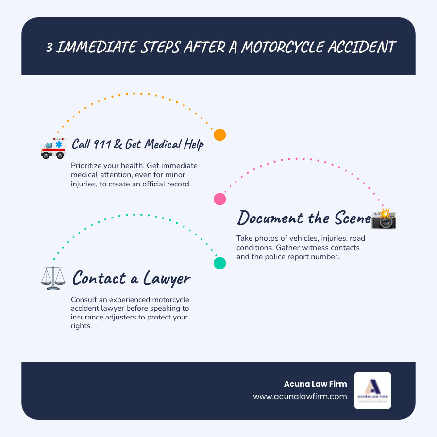 infographic showing three immediate post-accident steps: 1) Call 911 and get medical attention immediately, 2) Document the scene with photos and gather witness information, 3) Contact an experienced motorcycle accident lawyer before speaking to insurance adjusters - Motorcycle accident lawyer Oklahoma infographic infographic-line-3-steps-blues-accent_colors