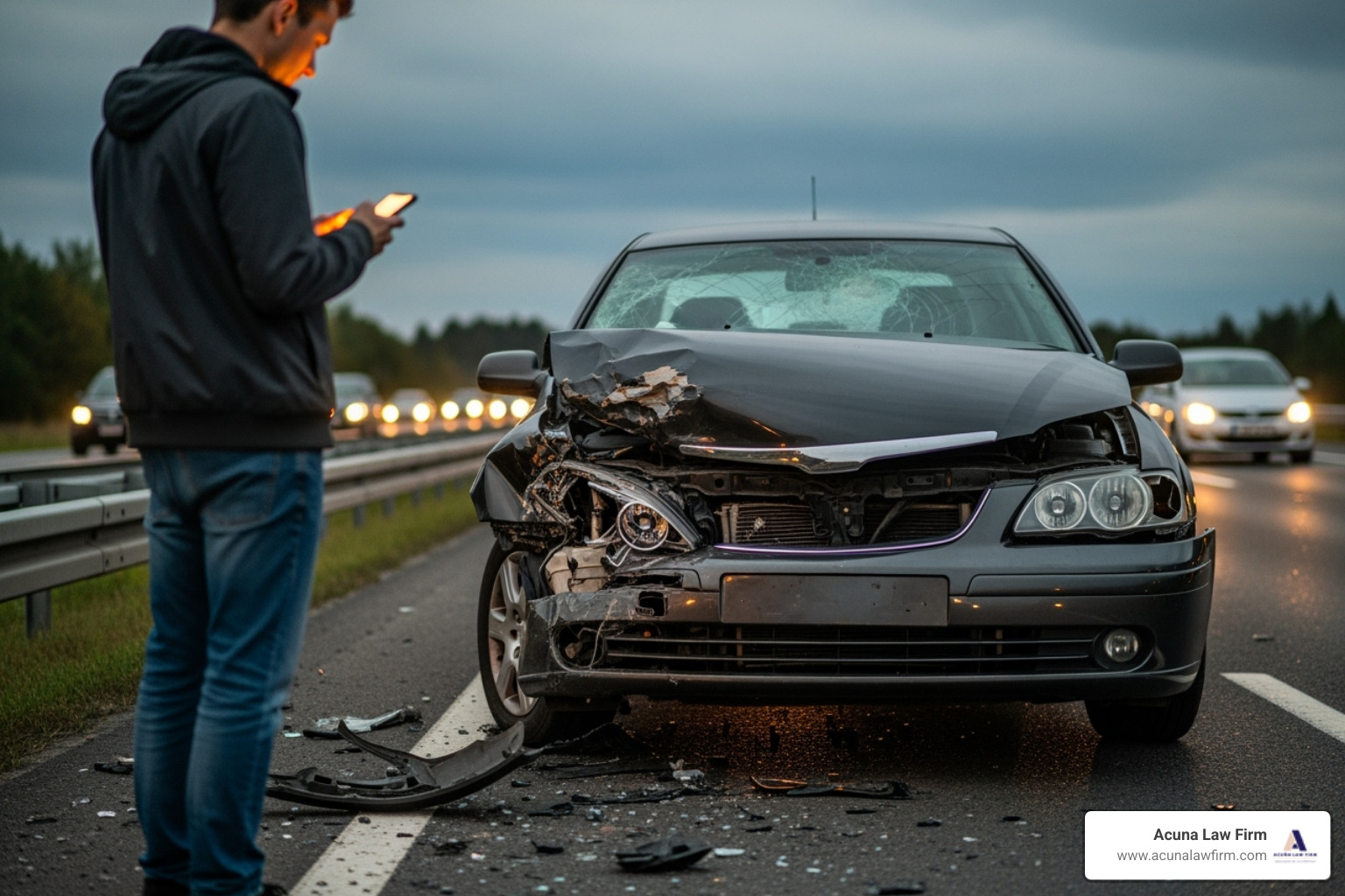 person on phone by car after accident - Rideshare accident lawyer Oklahoma