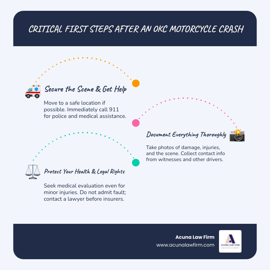 infographic showing immediate steps after motorcycle accident including: 1) Move to safety if possible, 2) Call 911 for police and medical help, 3) Take photos of scene damage and injuries, 4) Collect contact information from witnesses and other drivers, 5) Seek medical evaluation even if injuries seem minor, 6) Do not admit fault or apologize, 7) Contact a motorcycle accident lawyer before speaking to insurance companies - motorcycle accident lawyer OKC infographic infographic-line-3-steps-blues-accent_colors infographic showing immediate steps after motorcycle accident including: 1) Move to safety if possible, 2) Call 911 for police and medical help, 3) Take photos of scene damage and injuries, 4) Collect contact information from witnesses and other drivers, 5) Seek medical evaluation even if injuries seem minor, 6) Do not admit fault or apologize, 7) Contact a motorcycle accident lawyer before speaking to insurance companies - motorcycle accident lawyer OKC infographic infographic-line-3-steps-blues-accent_colors