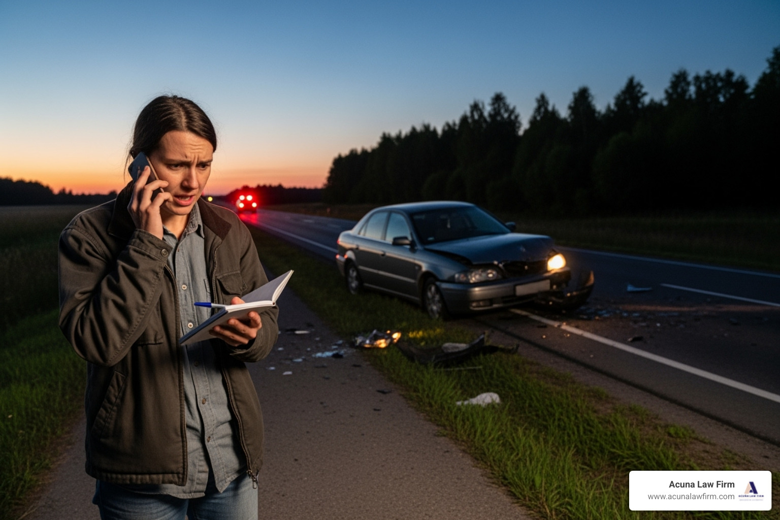 of a person on the phone by the side of the road, looking stressed but taking notes - truck accident attorneys near me